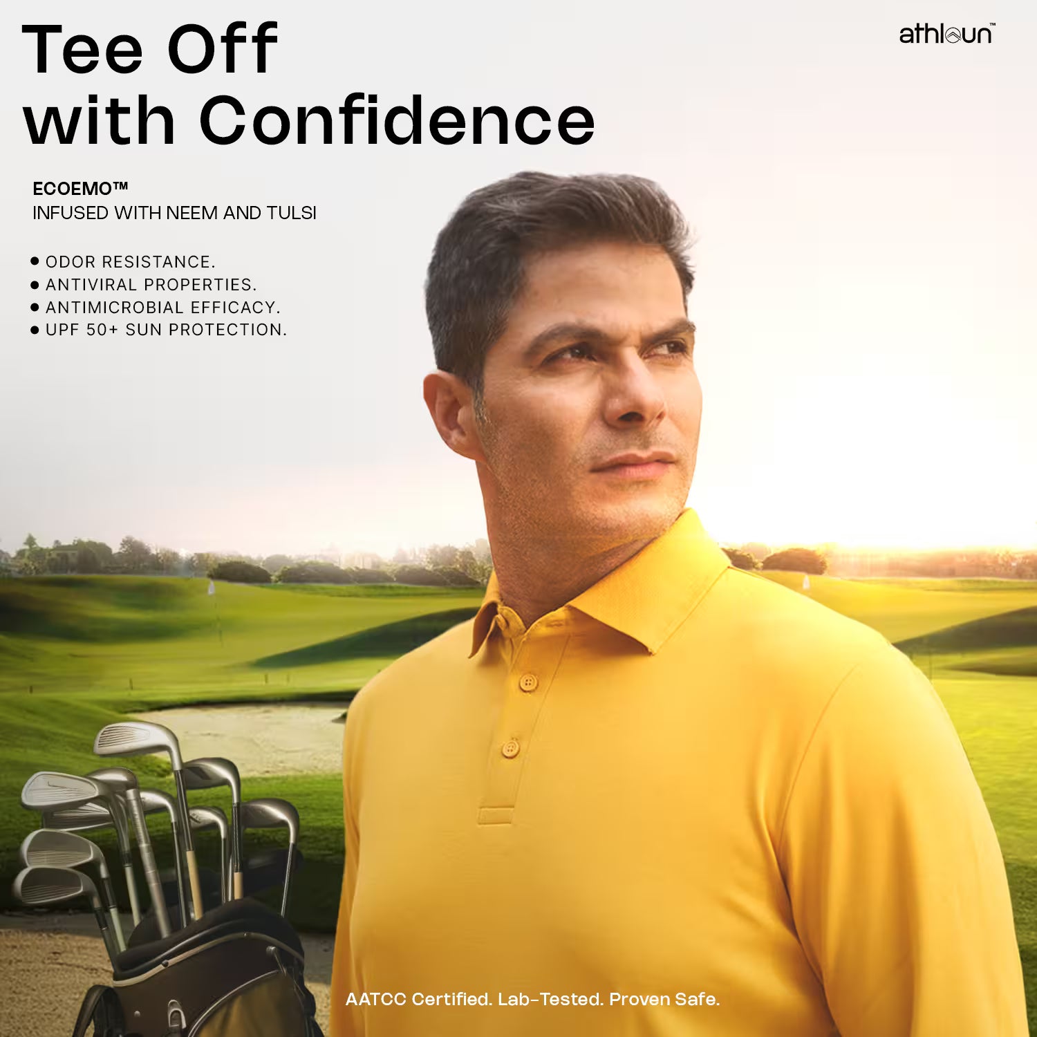 A man wearing a bright yellow polo shirt stands on a golf course with golf clubs in the foreground. Large text reads 'Tee Off with Confidence' and 'ath-lsun' appears in the top right.