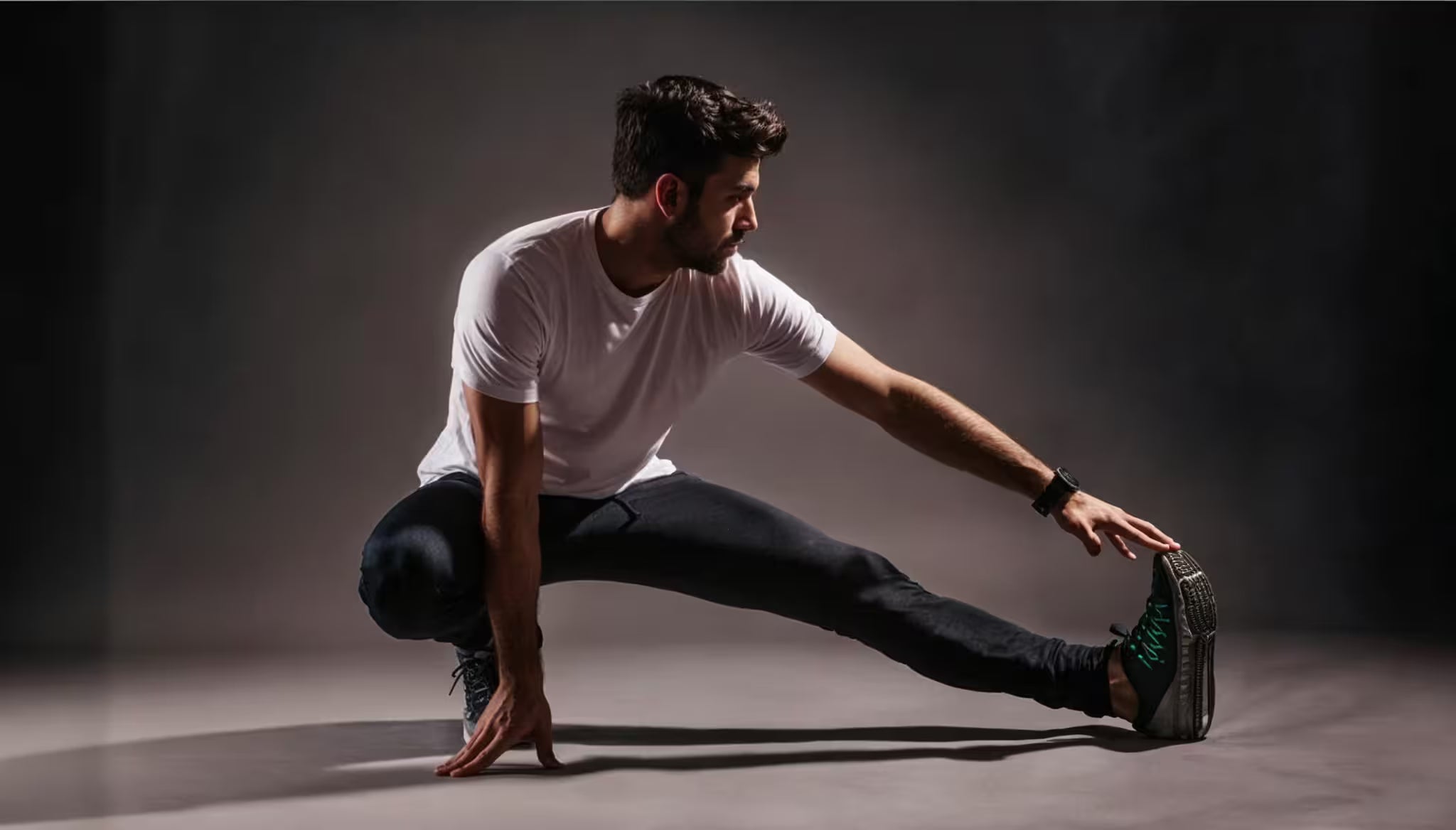 A man in a white t-shirt and black pants stretches his leg on a dark studio floor, wearing black athletic shoes with green accents.