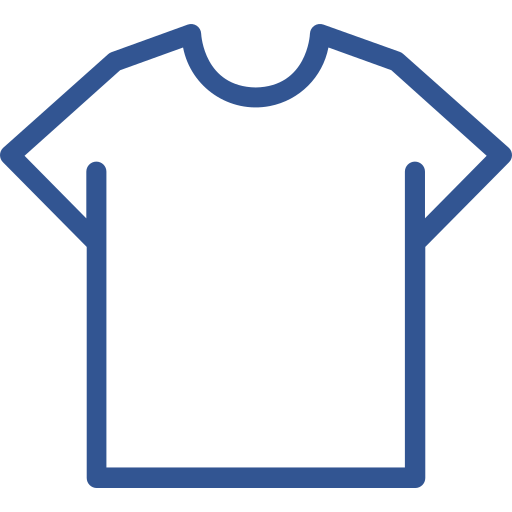 A simple blue outline icon of a short-sleeve crew-neck T-shirt on a plain white background.