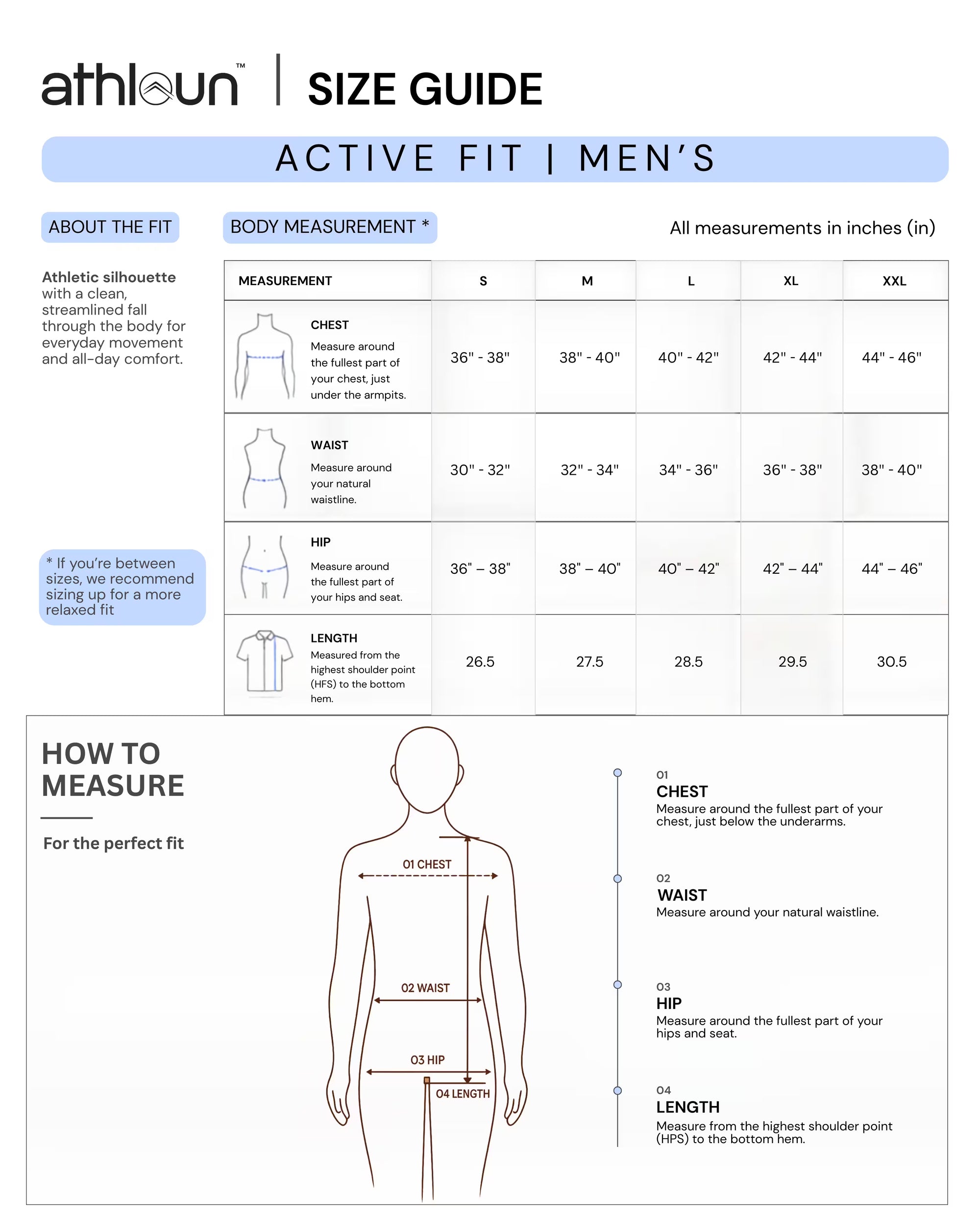Size chart for Pure Play Polo T-Shirt — Game Blue | Anti-Odour & UPF 50+