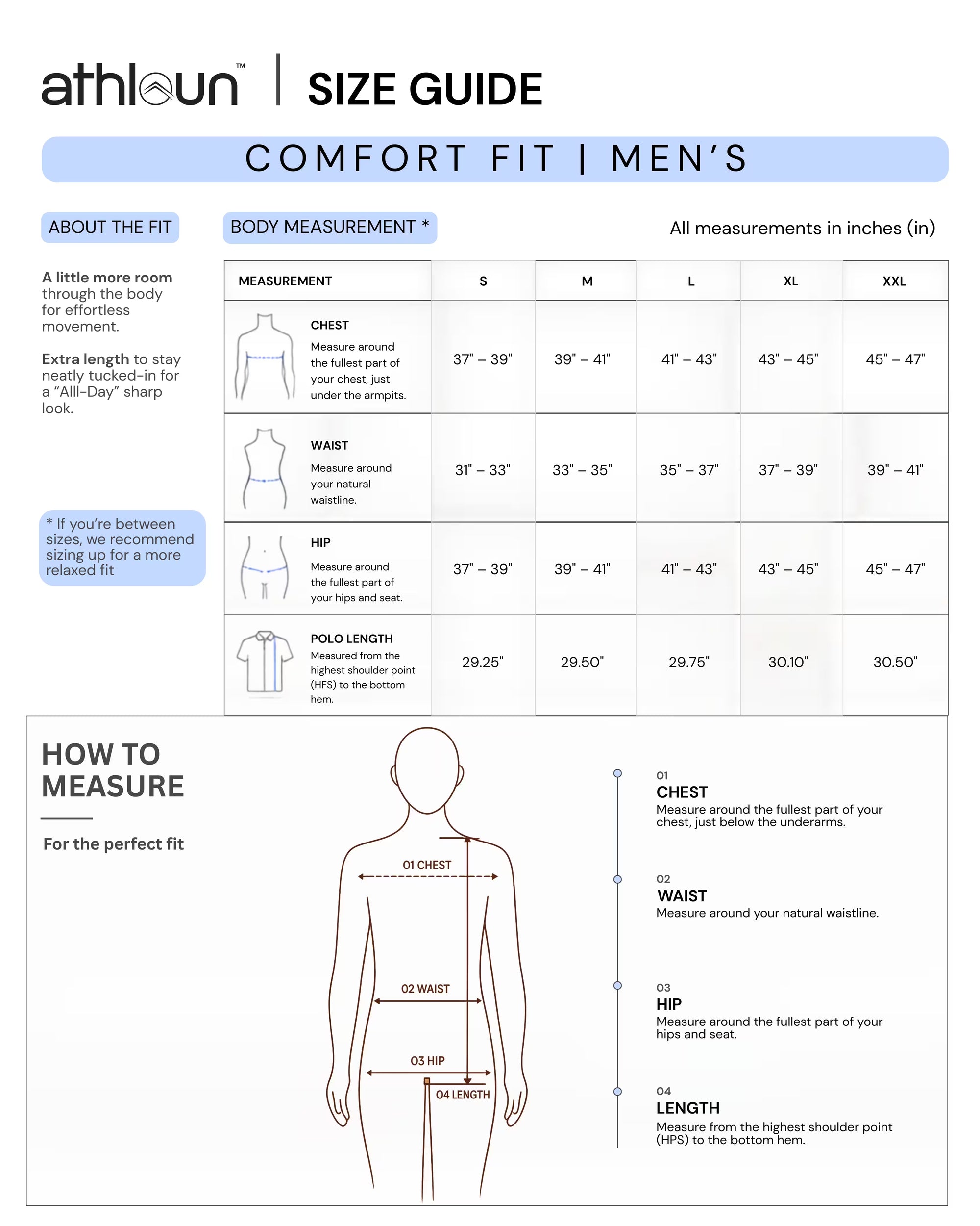 Size chart for Stain Repel & Wrinkle Free Bamboo Travel Polo T-Shirt — Biscotti