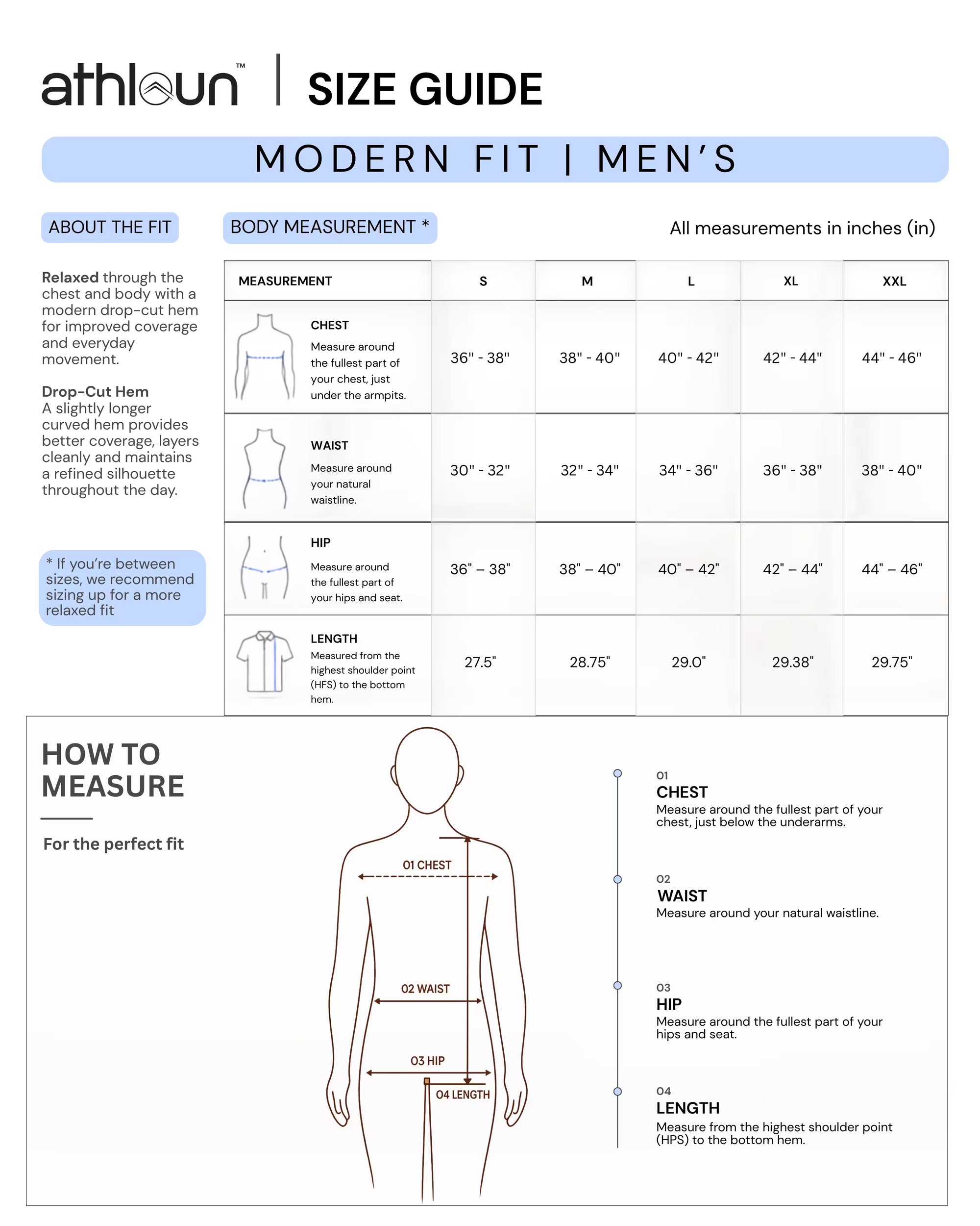 Size chart for AquaSave Melange Crew Neck T-Shirt — Ivory Dust | Anti-Odour & UPF 50+