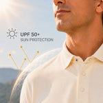Close-up of a man wearing a light cream polo shirt outdoors under bright sun, with text reading 'UPF 50+ SUN PROTECTION' and a sun protection graphic over his shoulder.