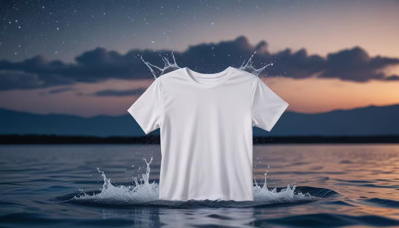 A plain white short-sleeve t-shirt is shown floating in water with splashes around it, set against a scenic sunset sky and distant mountains.